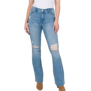 Seven7 Felicity distressed light wash High Rise Slim Flare blue Jean, rip knees